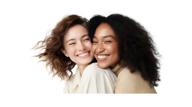 Young women from different nationalities hugging each other, laughing, happy, having fun, with transparent background.png
