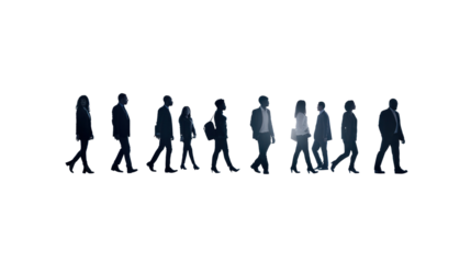 Silhouettes of a number of men and women standing and walking. Black businessman jumps Studio Transparent background.png