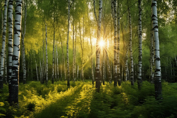 Summer birch woods with sun