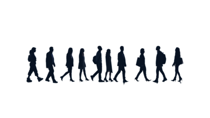Silhouettes of a number of men and women standing and walking. Black businessman jumps Studio Transparent background.png