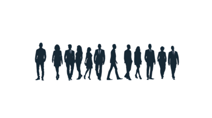 Silhouettes of a number of men and women standing and walking. Black businessman jumps Studio Transparent background.png