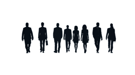 Silhouettes of a number of men and women standing and walking. Black businessman jumps Studio Transparent background.png