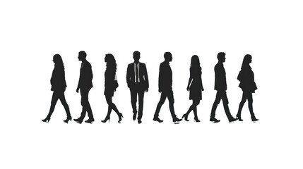 Silhouettes of a number of men and women standing and walking. Black businessman jumps Studio Transparent background.png - Powered by Adobe