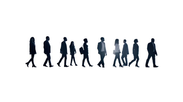Silhouettes of a number of men and women standing and walking. Black businessman jumps Studio Transparent background.png