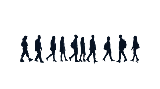 Silhouettes of a number of men and women standing and walking. Black businessman jumps Studio Transparent background.png