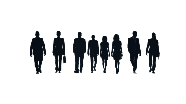 Silhouettes of a number of men and women standing and walking. Black businessman jumps Studio Transparent background.png - Powered by Adobe