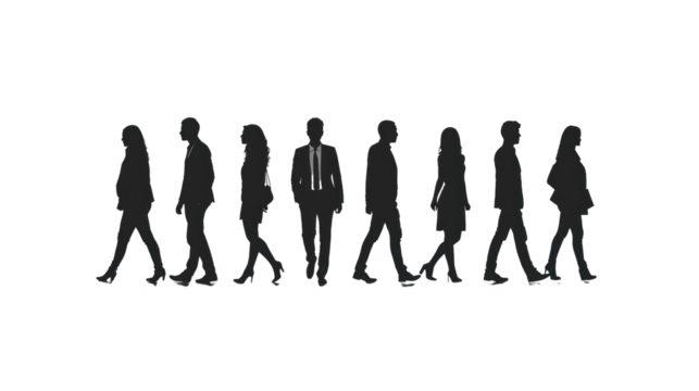Silhouettes of a number of men and women standing and walking. Black businessman jumps Studio Transparent background.png