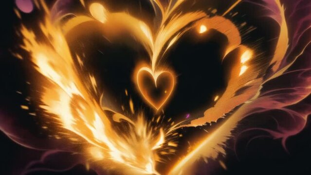 Burning heart - symbol of love. Heart made of fire, spark and smoke on black background. St. Valentine's concept. Digitally generated AI image. Seamless loop.
