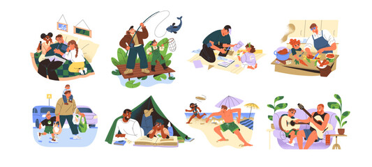 Fatherhood concept. Happy fathers spend time, play, fun with children set. Dad and kids reading together. Daddy cooking with daughter, fishing with son. Flat isolated vector illustration on white