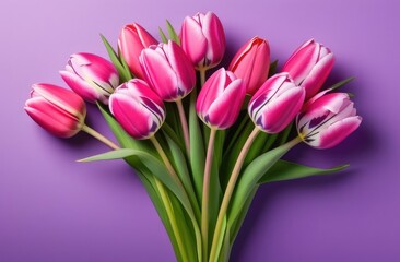 Naklejka premium A bouquet of purple tulips, pink on a purple background. A place for the text. Postcard, banner on March 8th. View from above.