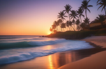 Fototapeta na wymiar Sunset on the beach. Tropical paradise, white sand, beach, palm trees, ocean at sunset.