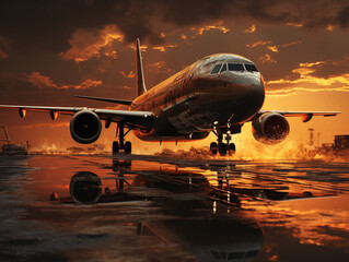 airplane landing at sunset