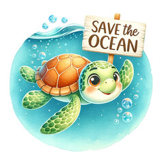A turtle with  "Save the Ocean"banner  under water. watercolor illustration