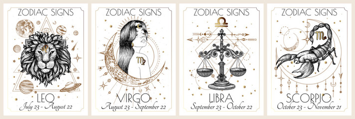 Vector set of the 4 second zodiac signs. Gold on a white background. Leo, Virgo, Libra, Scorpio
