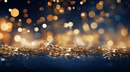 Fototapeta na wymiar Enchanting black and gold bokeh with silver accents in a luxurious night setting - elegant depth of field, hazy atmosphere, and mesmerizing golden lights on a blue and gold background for a glamorous 