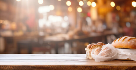 Mock up, bakery set up, wooden table in the front with bread and space for products, different breads in the back, blurred background