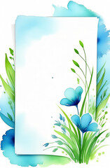 watercolor drawing banner place for text blue flowers with green stems white background
