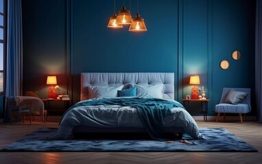 photo realistic Double bed with pillows, blanket, carpet, lamp, chair and furniture, on wooden floor. Blue walls, windows with curtains. generative ai