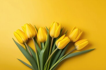 A bouquet of yellow tulips on a plain yellow background. Space for text, free space. A holiday card, a banner.