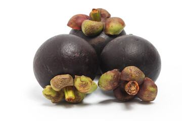Three fresh organic mangosteen delicious fruit isolated on white background clipping path