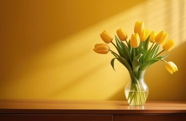 A bouquet of yellow tulips in a vase stands on a table in the sunlight. Free space for text. Festive background, postcard, banner. March 8th.