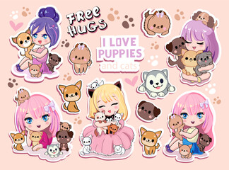 Big cute set with cartoon anime girls with little kittens and dogs. Fashion patch stickers. Vector illustration print in kawaii style for t-shirt on a pink background