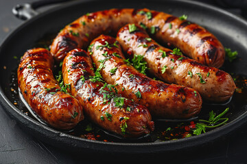 Grilled juicy sausages on a grill with fire. Shallow depth of field. Photos and menus of cafes and restaurants