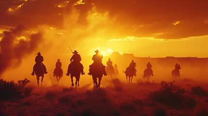 Fototapeta premium Cowboys reiten im Sonnenuntergang