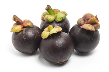 Four fresh organic mangosteen delicious fruit isolated on white background clipping path