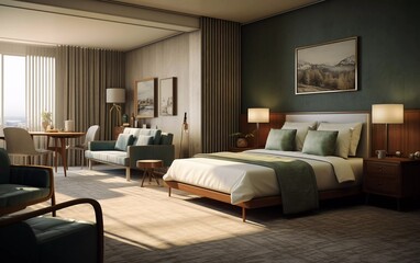 realistic photos of hotel room interiors, furniture, beds, sheets and rugs. generative ai