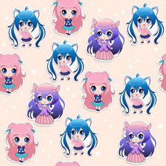 Cute cartoon girls in anime style seamless pattern. Vector illustration chibi girl for children t-shirt print on a pink background