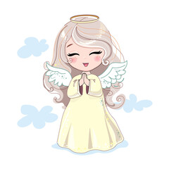 Cute cartoon little angel girl. Christmas time. Vector illustration t-shirt print