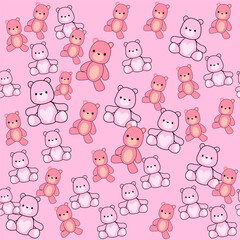 Obraz premium Cute cartoon little funny reddy bears toys seamless pattern on a pink background. Kawaii style. Vector illustration t-shirt print for kids