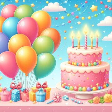 a lively illustration featuring a vibrant background of birthday party balloons and a cake adorned with flickering candles the perfect image for festive occasions