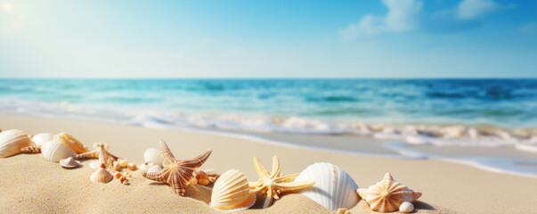 Fototapeta na wymiar Summer vacation or holiday wide banner. copy space for your text. Sand ocean and blue sky