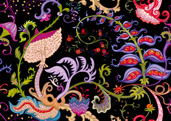 Fantasy, alien hypnotic flowers, decorative flowers and leaves. Cartoon style. Millefleurs trendy floral design. Seamless pattern, background. Outline hand drawing vector illustration.