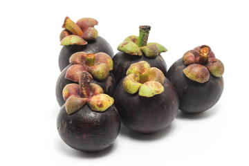 Six fresh organic mangosteen delicious fruit isolated on white background clipping path