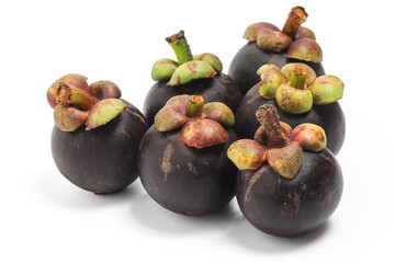 Six fresh organic mangosteen delicious fruit isolated on white background clipping path