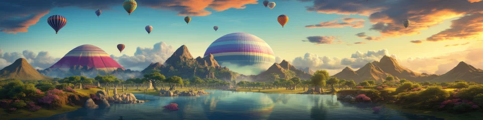 Tuinposter Hot air balloons flying above beautiful nature. copy space for your text. © Milan