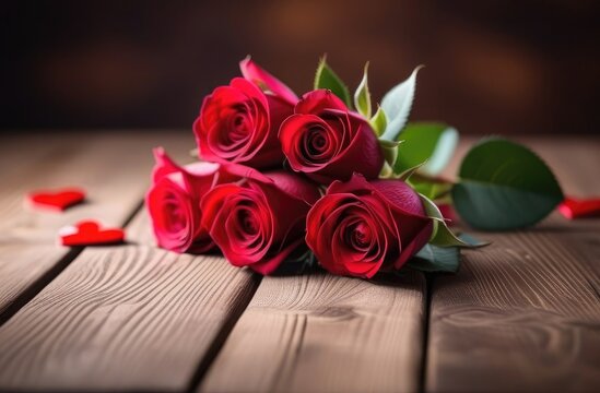 A bouquet of red roses lies on a wooden table next to red hearts. Space for text, free space. Background of flowers. Festive background of roses for March 8th, Valentine's day. A postcard, a banner.