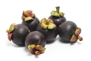Six fresh organic mangosteen delicious fruit isolated on white background clipping path