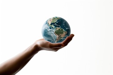 A hand holding a globe of the earth on a white background.