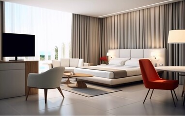 realistic photo Modern hotel room interior, equipped with table, chairs and sofa. generative ai