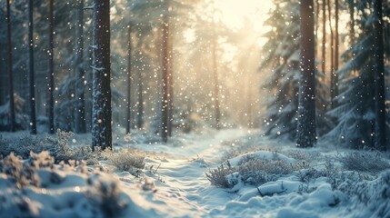 A peaceful winter forest scene, small snowdrifts creating a textured foreground, light snow falling, and the early morning sun casting a serene light on the snowy landscape