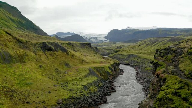 Aerial: Top Famous Laugavegur Hike Trail Iceland Magnificent Highlands Colorful Mountains Gloomy Moody Day Landmanalaugar 