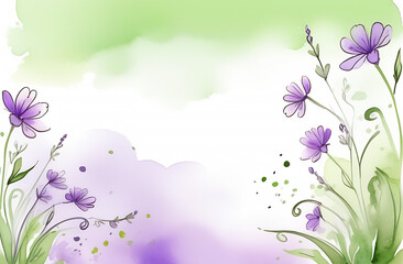 Fototapeta premium watercolor drawing banner place for text purple flowers with green stems white background