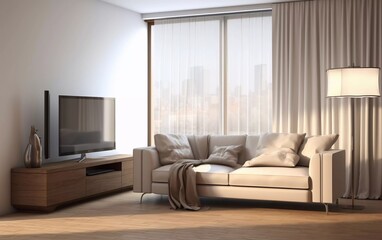 realistic photo Living room with TV, LED television (LCD), standing floor lamp, sofa and curtains. generative ai