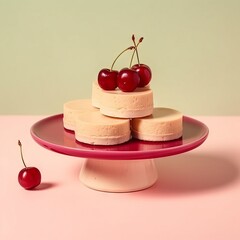 cottage cheese pancakes, neatly stacked in portions on a gray dish, decorated with fresh cherries with green leaves on a light blue background. Concept: fermented milk products for breakfast.