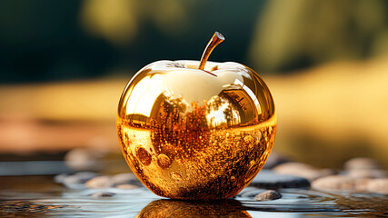 A Golden Apple on Floor Against a Blurred Background. Golden Temptation. Artistic and Conceptual Theme. - obrazy, fototapety, plakaty