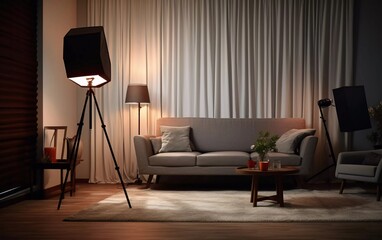 realistic photo Living room with TV, LED television (LCD), standing floor lamp, sofa and curtains. generative ai